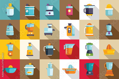 Juicer icons set flat vector. Food kitchen. Home fruit breakfast
