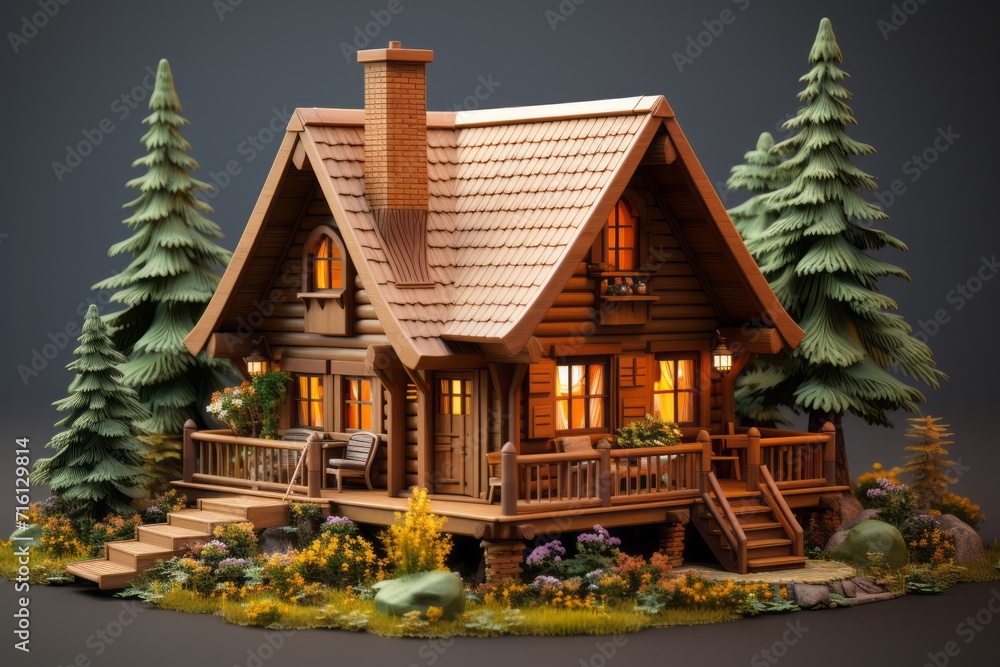Rustic Log Cabin, on an isolated Earthy Brown background, Generative AI