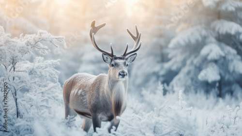 A reindeer stands on the frosted grass on an early winter morning in a snowy pine forest. winter animals, beautiful scenery