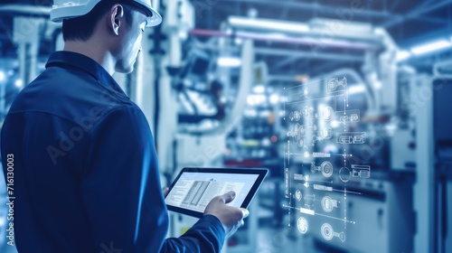 A Industry engineer in factory using digital tablet with automated robot arm machine learning operation infographic system control monitoring on a blue background.