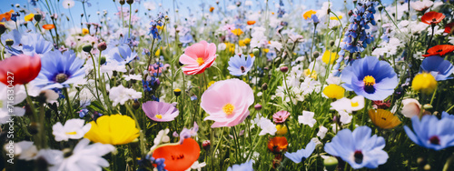Spring meadow with flowers  panoramic banner. Colorful meadow with wild flowers  panoramic view.