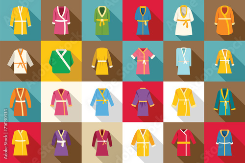 Dressing gown icons set flat vector. Bathrobe satin. Person spa bath
