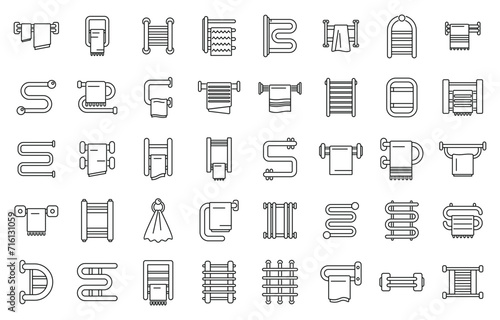 Towel dryer icons set outline vector. House spa interior. Water metal pipe