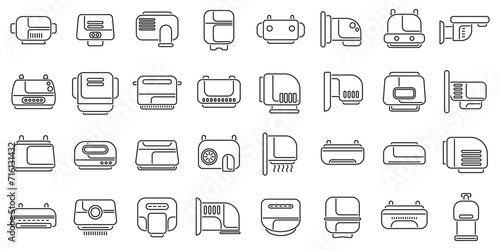 Hand dryer icons set outline vector. Washroom toilet. Bathroom machine box photo