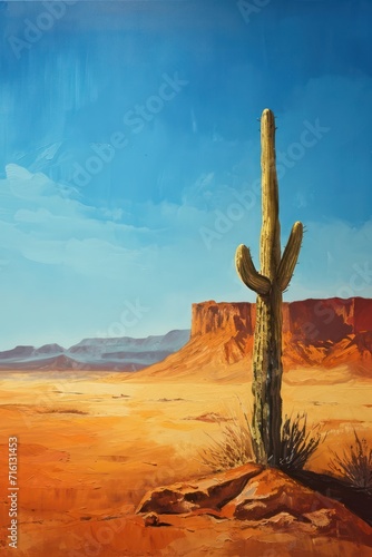 A painting featuring a solitary cactus in an expansive desert landscape, blending the styles of impressionism, surrealism, and pop art photo