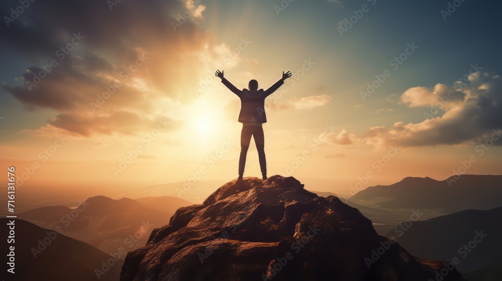 Φωτογραφία Happy man raising his arms jumping to the top of the mountain, successful businessman celebrating success on the cliff, business success concept silhouette backlit