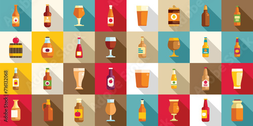 Apple cider icons set flat vector. Splash fruit drink. Orchard slice food