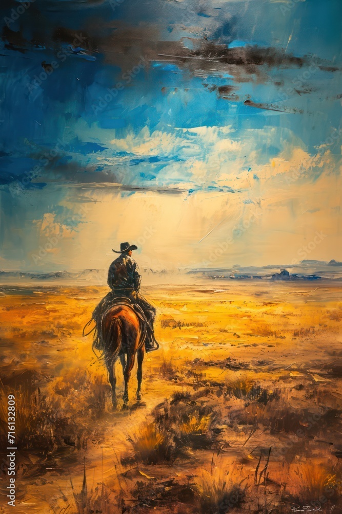 Painting of a solitary cowboy riding through a vast desert landscape, blending impressionism, surrealism, and pop art Painting of a solitary cowboy riding through a vast desert landscape, blending impressionism, surrealism, and pop art