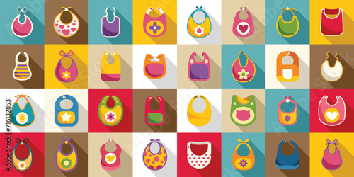 Bib icons set flat vector. Baby food kids. Family apron toddler photo