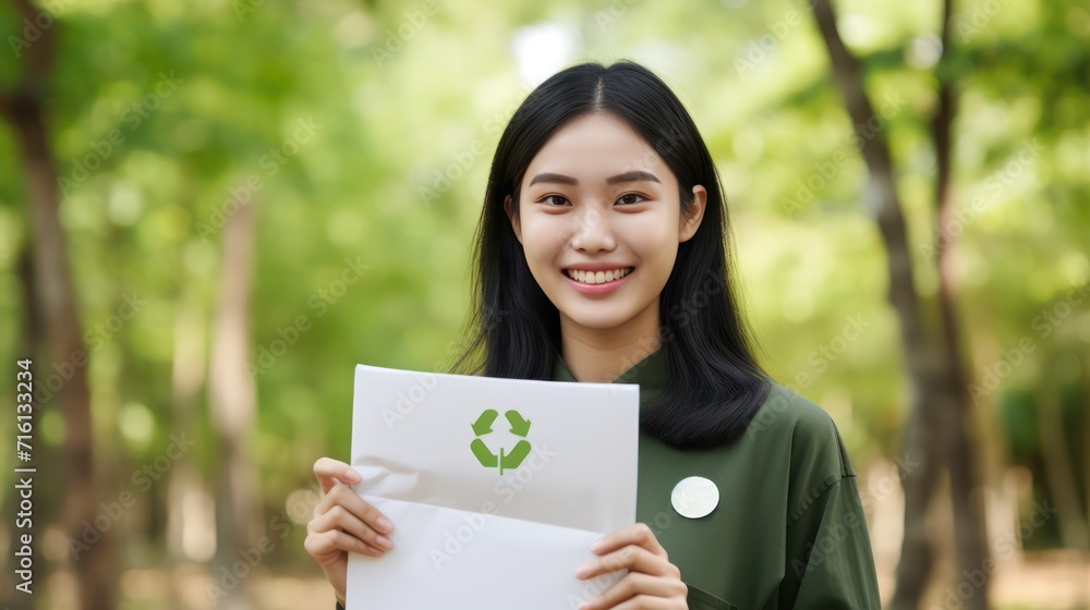A Portrait of a young Thai woman smiling happily holding a piece of paper with a green recycling sign over a beautiful natural forest background. environment and sustainability, loving the earth. A Portrait of a young Thai woman smiling happily holding a piece of paper with a green recycling sign over a beautiful natural forest background. environment and sustainability, loving the earth.