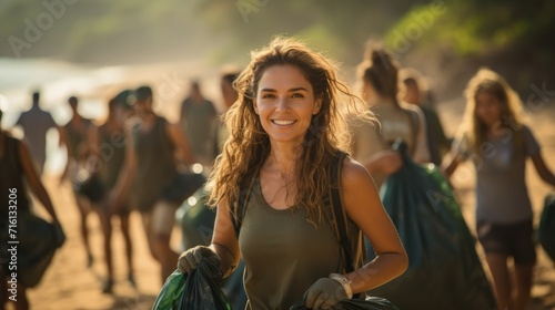 Group of eco volunteers in white t-shirts picking up plastic trash on the beach.