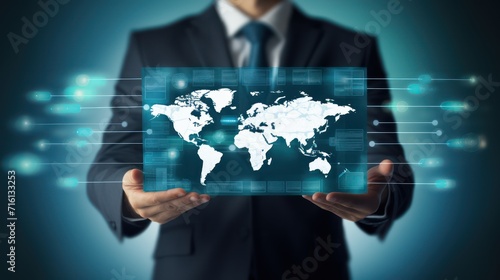 Fototapeta Naklejka Na Ścianę i Meble -  A businessman holds up a world map infographic board with communication icons, photos, on a blue background. Touch screen technology. Touch screen technology.