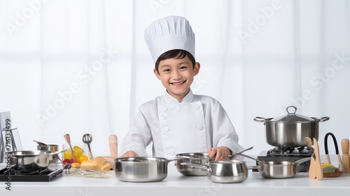 A Cooking, happy boy wearing chef's uniform. Little cook and kitchen equipment. Cooking concepts in the chef profession On empty space on white transparent background isolated