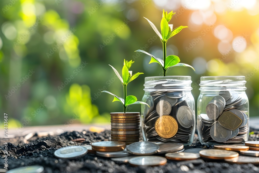 An image depicting a young plant growing from a jar of coins Stock ...