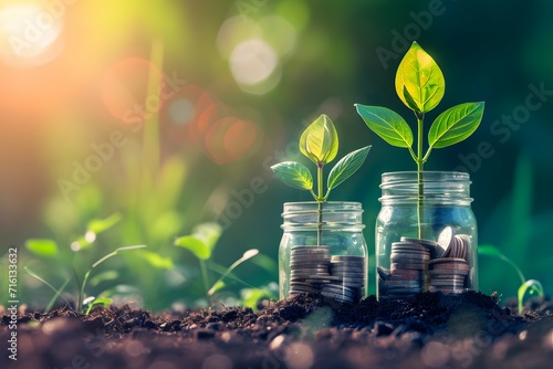 An image depicting a young plant growing from a jar of coins photo