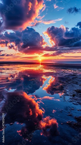 A stunning image of a vibrant sunset with clouds reflected on the wet sand during low tide © NabilBin