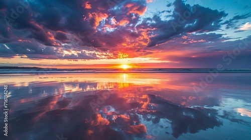 A stunning image of a vibrant sunset with clouds reflected on the wet sand during low tide © NabilBin