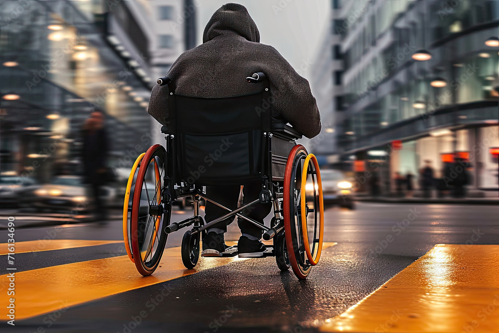 wheelchair in the street,  person in a wheelchair crossing the road, wheelchair in the city