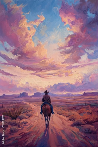 Painting of a solitary cowboy riding through a vast desert landscape, blending impressionism, surrealism, and pop art