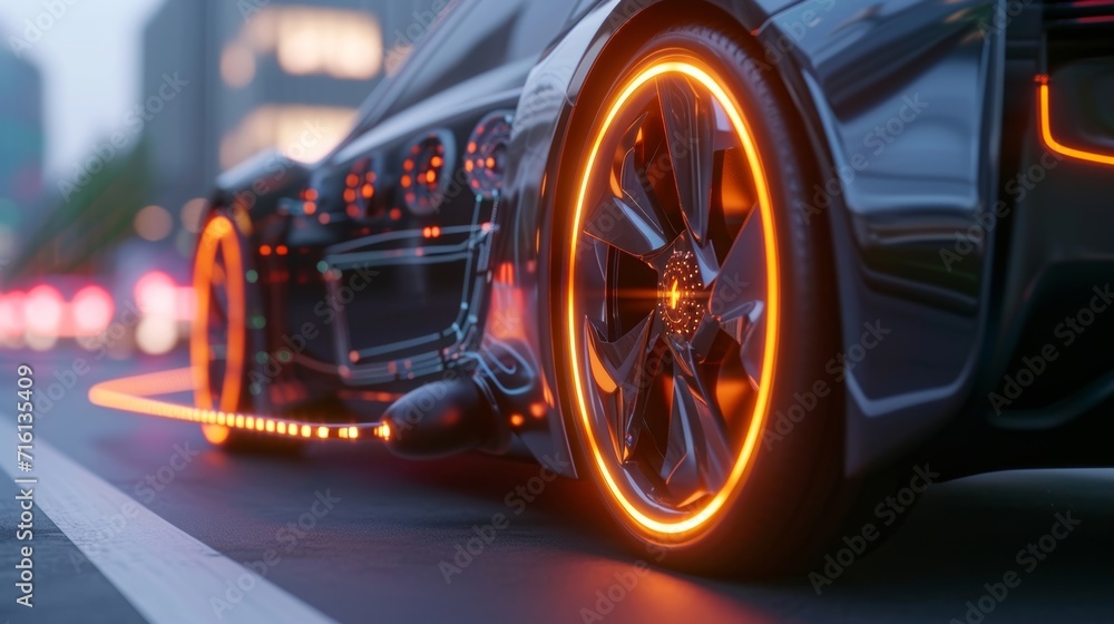 A zoomedin view of the regenerative braking system in action with the electric motor seamlessly converting the cars kinetic energy into electrical energy to recharge the battery - obrazy, fototapety, plakaty 