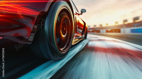 A closeup of a cars tires spinning rapidly causing a blur of motion as it speeds down the track photo