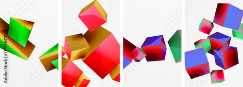 Flying 3d shapes, cubes and other geometric elements background design for wallpaper, business card, cover, poster, banner, brochure, header, website