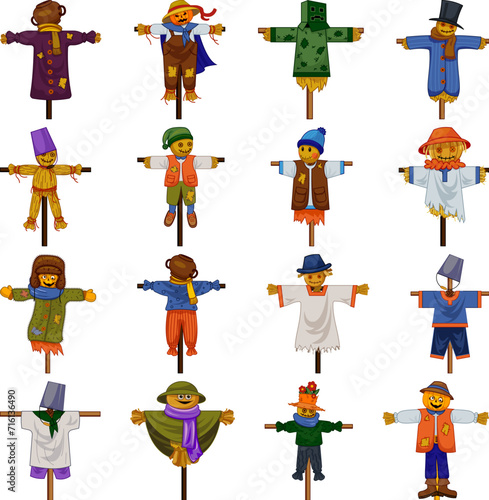 Scarecrow icons set cartoon vector. Funny doll. Garden agriculture decoration