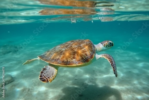 young turtle swims in the transparent ocean. Generative AI