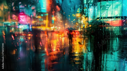 Wallpaper Mural Blurred photography capturing a rainy night in the city. Utilizing a slow shutter speed, the scene features silhouettes adorned with neon lights, creating a mesmerizing and blurred ambiance Torontodigital.ca