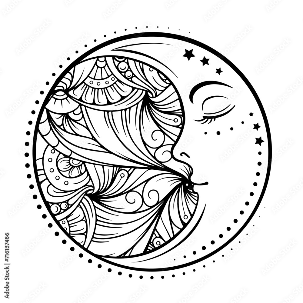 Ethnic cresent moon motif. Antistress coloring page Ethnic cresent moon motif. Antistress coloring page