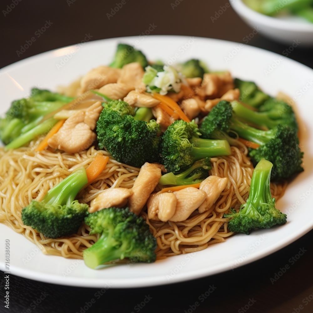Chinese noodles with chicken, broccoli and carrot in a white plate. Chinese noodles with chicken, broccoli and carrot in a white plate.