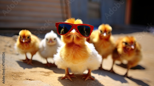 cool baby chick wearing sunglasses outside at the farm 