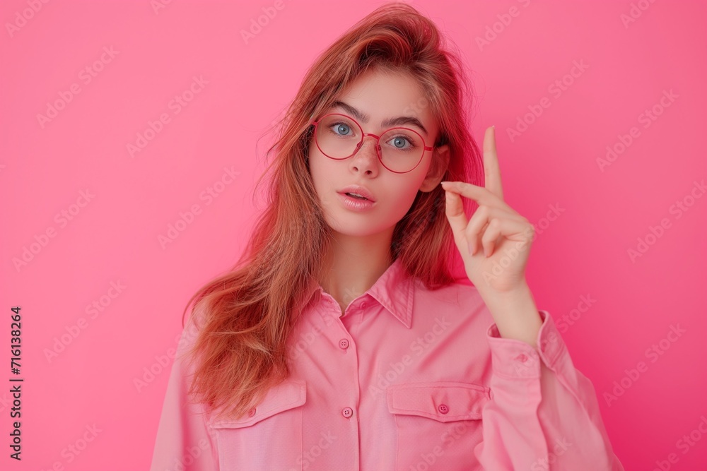 a girl with glasses holding a pink shirt and showing her finger, in the style of poster, angular, wimmelbilder, shaped canvas, captivating, website, light-focused in a studio setting