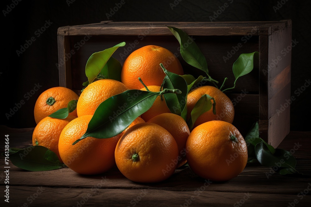 Oranges with stems on a black background.