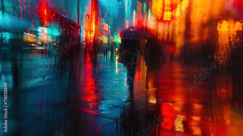 Blurred photography capturing a rainy night in the city. The slow shutter speed reveals silhouettes bathed in neon lights, creating a mesmerizing and blurred ambiance.  © Matthew