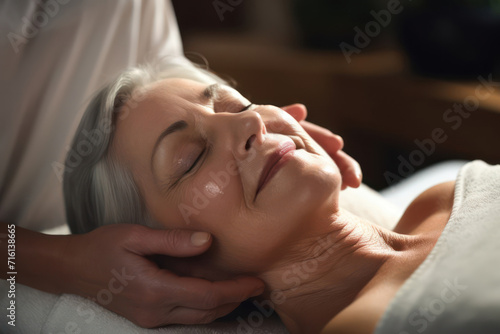 massage of the head, face, neck and decollete. anti-stress massage for an elderly woman. relaxation at a luxury spa resort