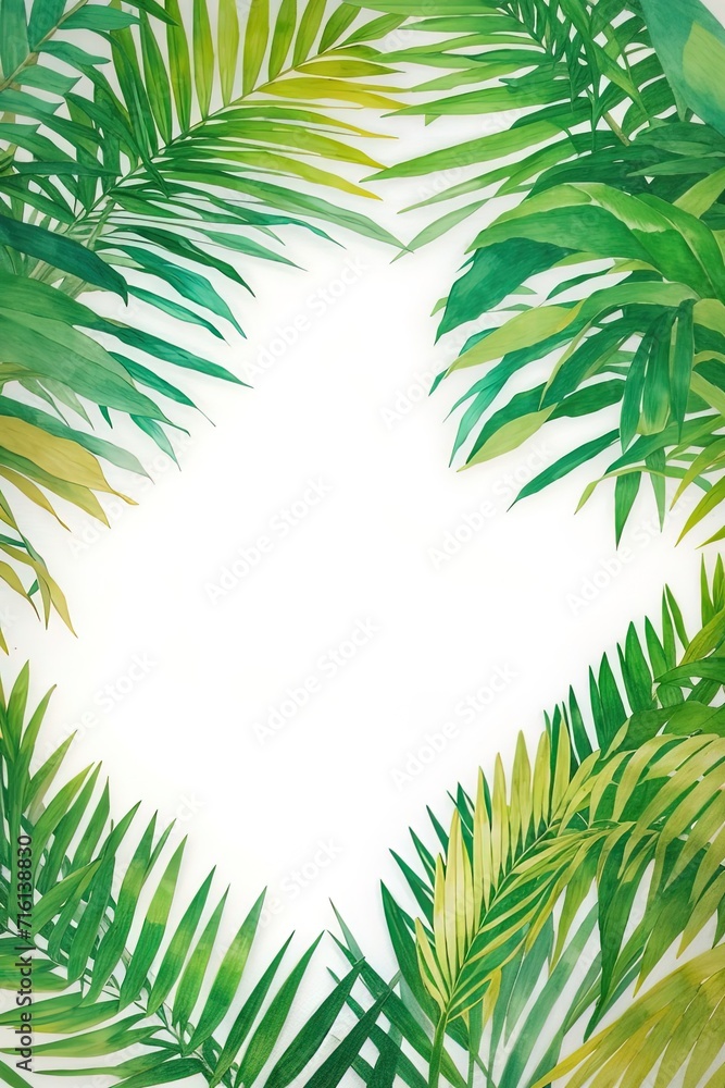 green palm leaves forming a frame around a blank white space. It exudes a tropical vibe, with vibrant shades of green. The central area can be used for text or highlighting a subject. background