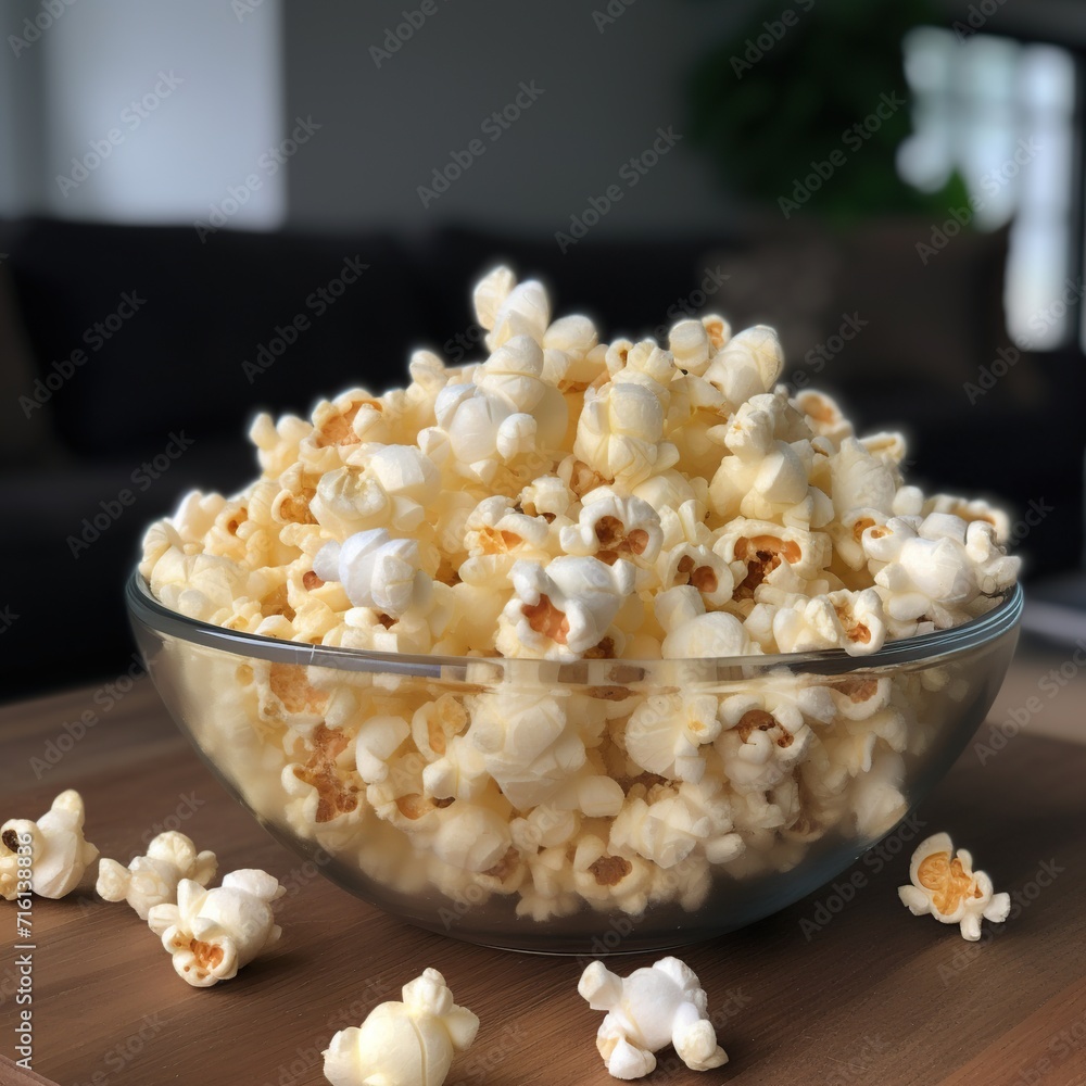 Glass Bowl with tasty popcorn on wooden table in room, closeup Glass Bowl with tasty popcorn on wooden table in room, closeup