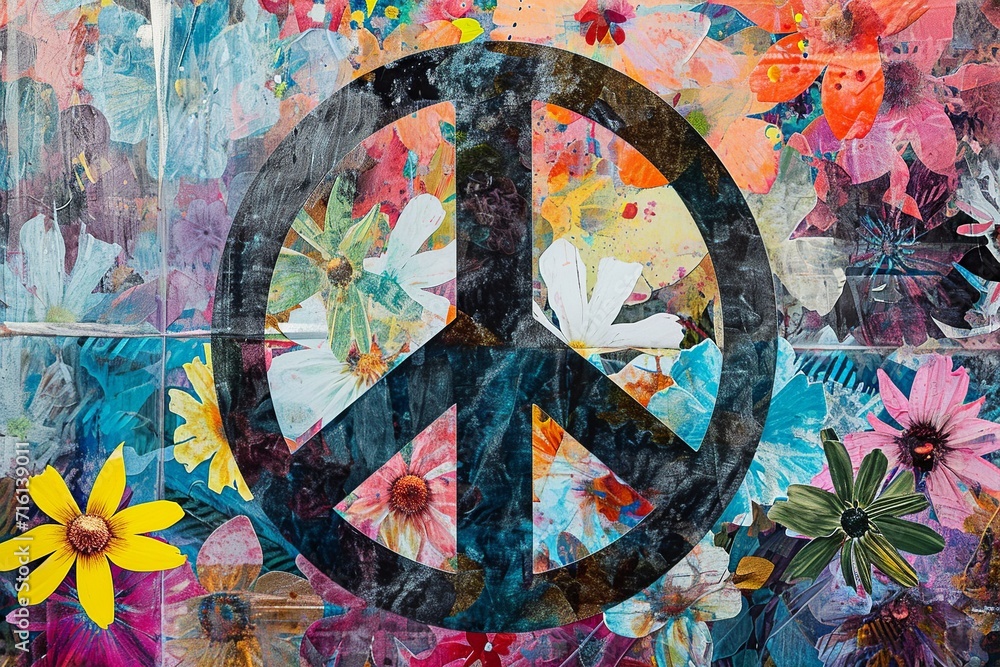 Hippie Peace Symbol: Floral Patterns on B&W Background

