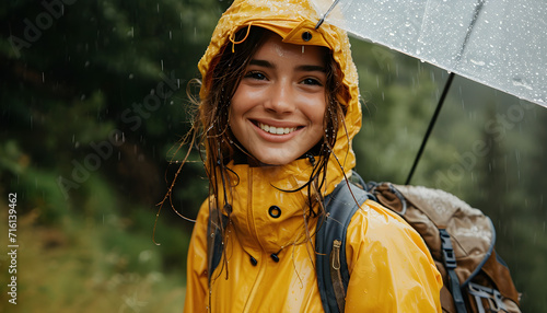 A positive girl smiling wearing a raincoat jacket with a hood, enjoying the rain with an umbrella outdoors. photo