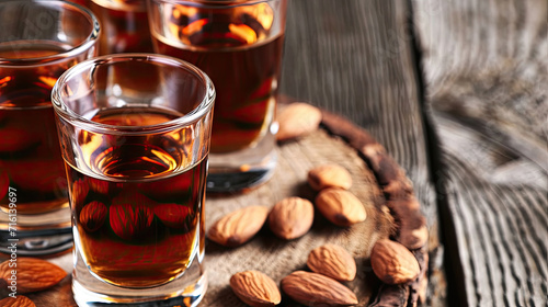glasses with tasty amaretto liqueur and almonds on wooden table, photo
