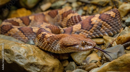 Closeup of a beautiful copperhead s its patterned scales blending seamlessly into the rocky terrain as it cautiously makes its way towards a sheltered area
