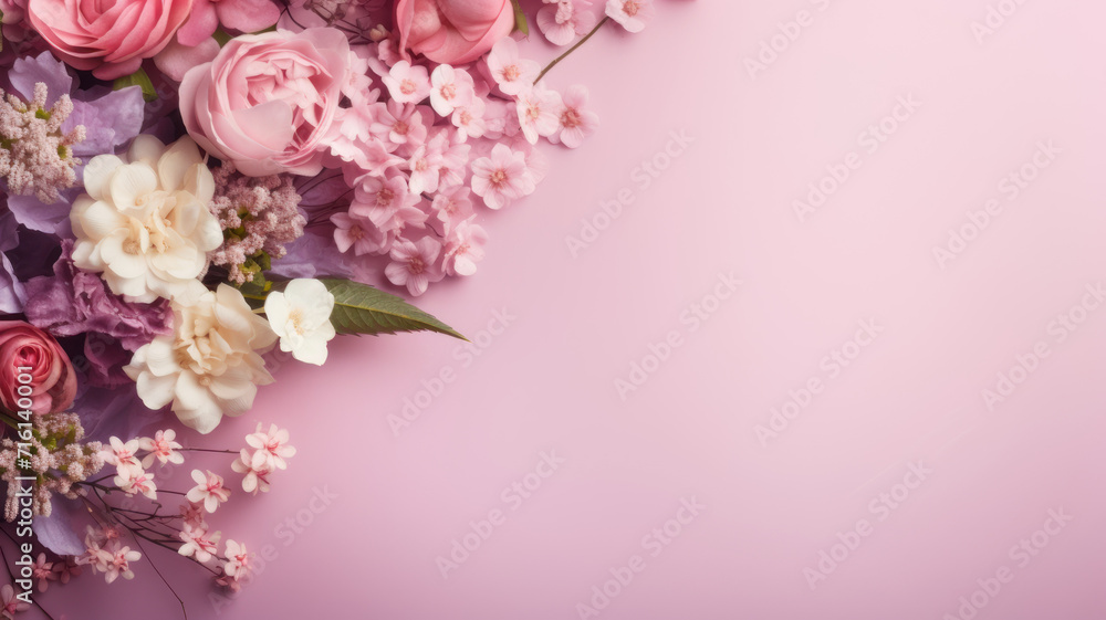 Bouquet of beautiful flowers on pink background, top view. Space for text