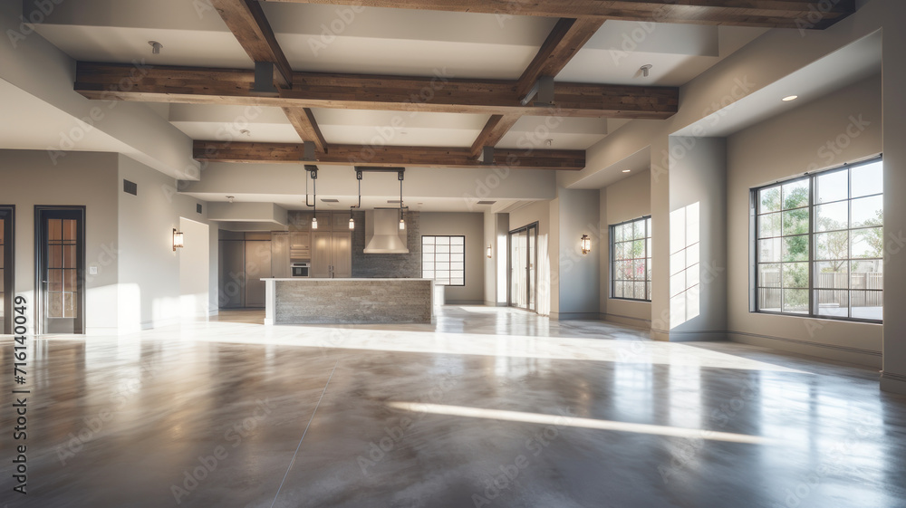Naklejka premium Elegant and spacious open concept interior rooms new construction with concrete floors designer decor wood beams on ceiling classic style