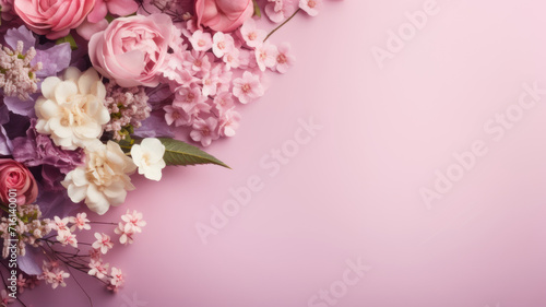 Bouquet of beautiful flowers on pink background, top view. Space for text © wiparat