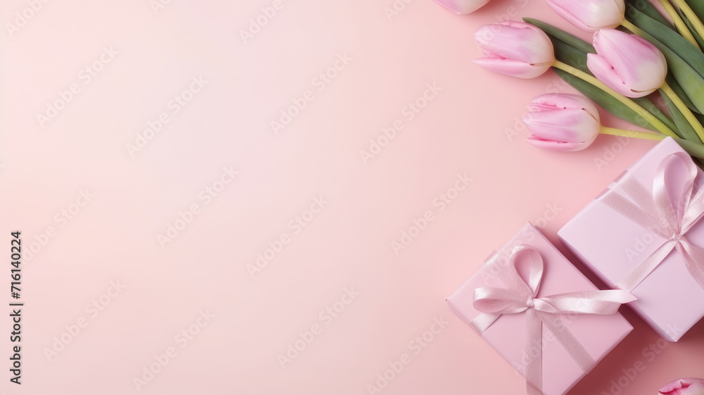 Top view photo of trendy gift boxes with ribbon bows and tulips on isolated pastel pink background with copyspace Top view photo of trendy gift boxes with ribbon bows and tulips on isolated pastel pink background with copyspace