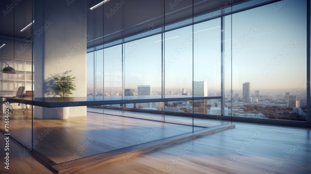 New glass concrete office interior with city view, daylight, wooden floor furniture and equipment New glass concrete office interior with city view, daylight, wooden floor furniture and equipment