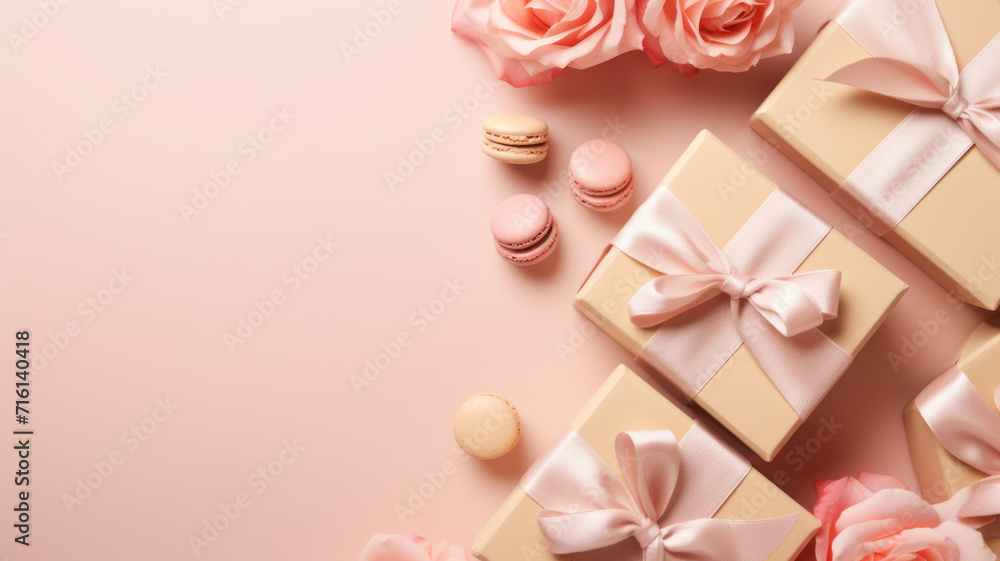 Top view photo of trendy gift boxes with ribbon bows and red rose on isolated pastel color background Top view photo of trendy gift boxes with ribbon bows and red rose on isolated pastel color background