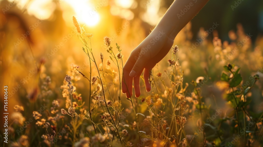 Fototapeta premium Hand of woman touching high grass, Girl walks through the field