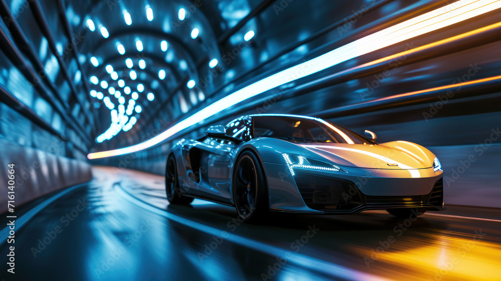 © wiparat - modern sports car drives quickly through an abstract light tunnel